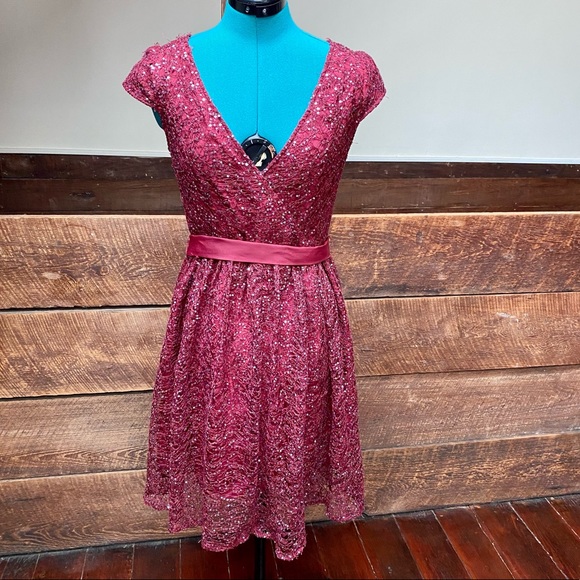 Suzy Chin Sequined Maroon Skater Party Dress - Picture 9 of 11